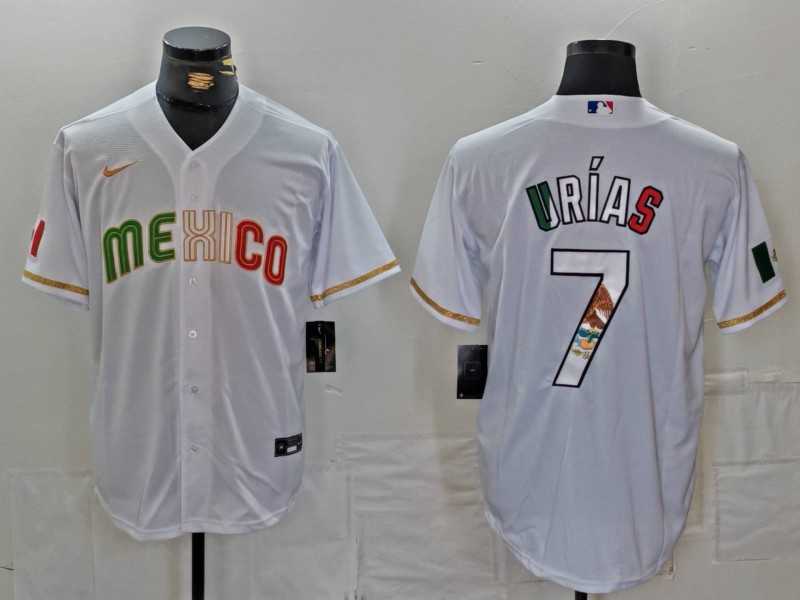 Mens Mexico Baseball #7 Julio Urias 2023 White World Classic Stitched Jerseys